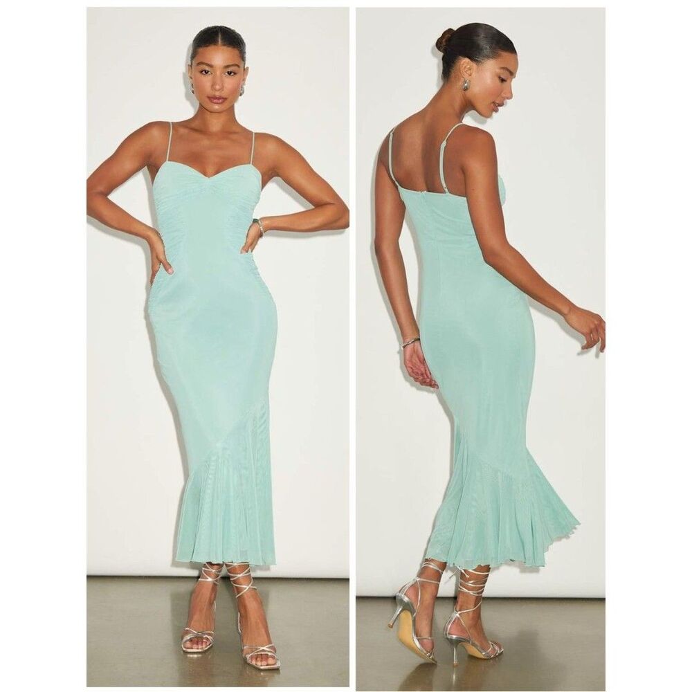 Lulus Giorgina Sage Mesh Gathered Trumpet Midi Dress Size Medium Cocktail Sexy